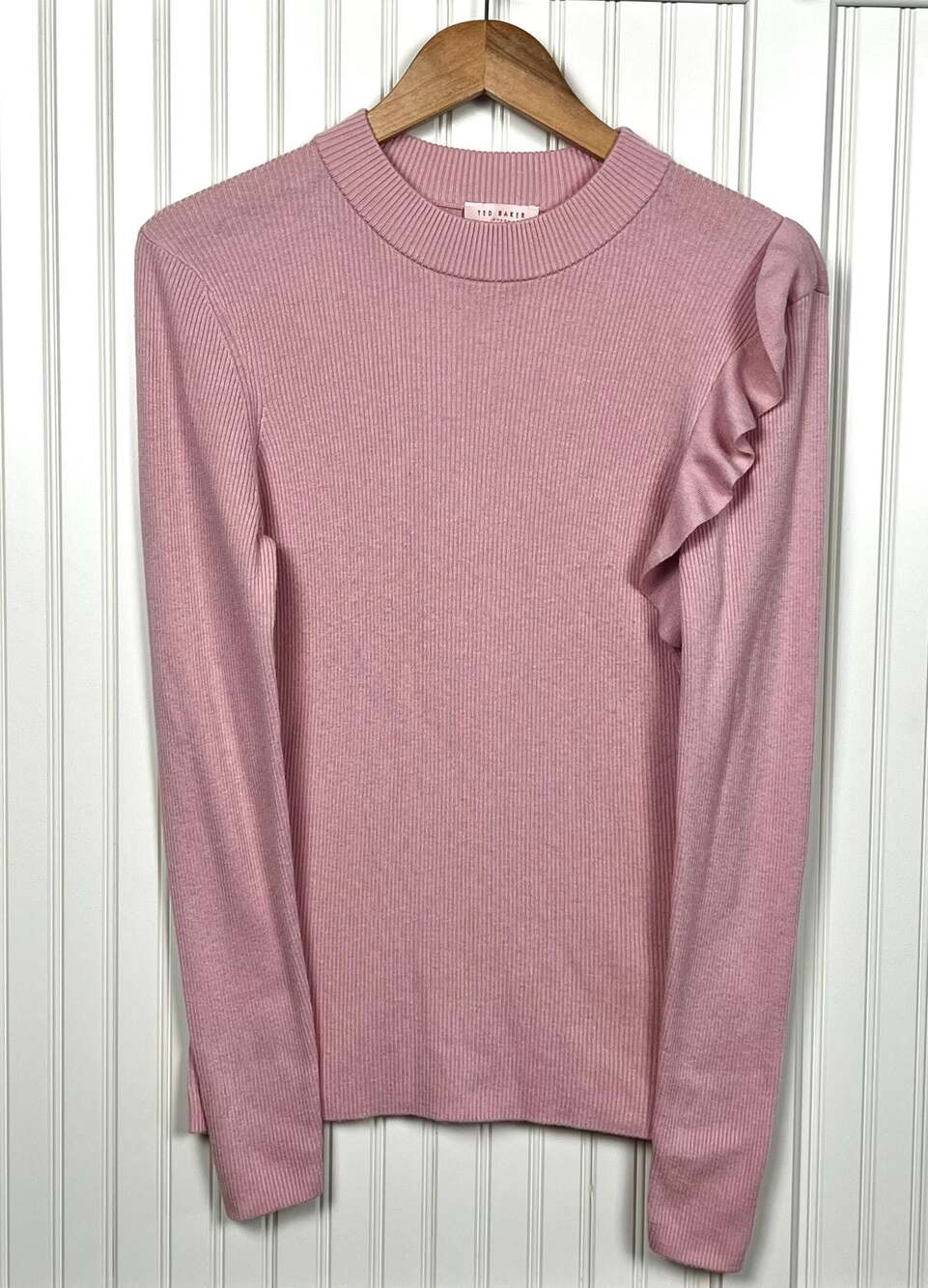 Ted Baker Pink Ribbed Ruffle Sleeve Knit Top Romantic Coquette Balletcore Size 4